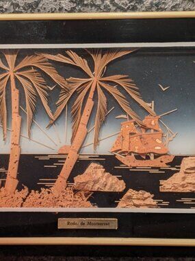 Vintage Framed Cork Art Shadow Box 3D Picture Ship Tropical Sunset 8.5 x 6.5